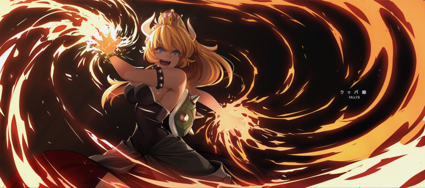 1girl artist_name black_background black_dress blonde_hair blue_eyes bowsette bracelet breasts character_name collar covered_navel crown dress fangs fire highres horns jewelry large_breasts manamachii super_mario_bros. new_super_mario_bros._u_deluxe nintendo open_mouth ponytail sideboob solo spiked_armlet spiked_bracelet spiked_collar spiked_shell spikes strapless strapless_dress super_crown
