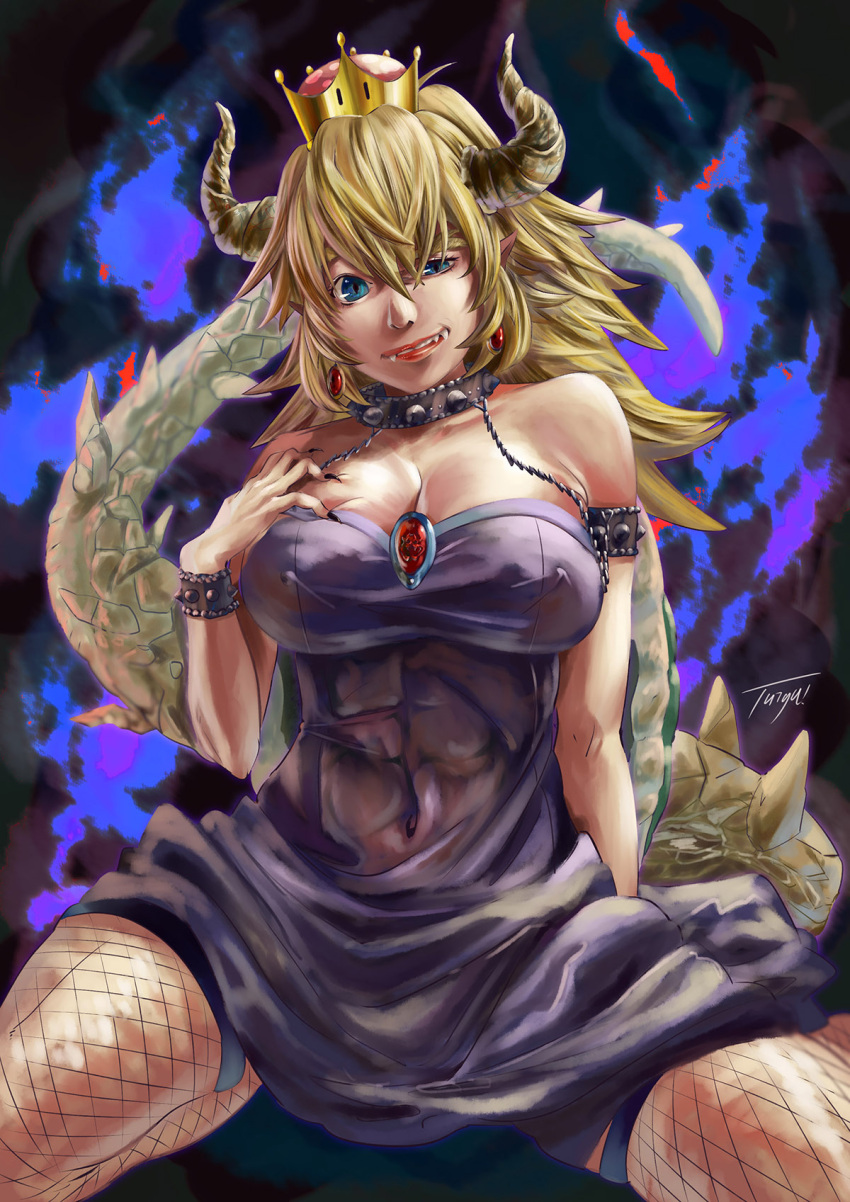 1girl abs arm_at_side armlet artist_name bangs bare_shoulders black_collar black_nails blonde_hair blue_eyes borrowed_design bowsette bracelet breasts chains cleavage collar collarbone commentary_request crown dress earrings erect_nipples eyebrows fangs fingernails fishnet_legwear fishnets hair_between_eyes half-closed_eye hand_on_own_chest hand_up head_tilt highres horns jewelry large_breasts lips long_hair looking_at_viewer super_mario_bros. nail_polish naughty_face navel new_super_mario_bros._u_deluxe nintendo parted_bangs parted_lips pointy_ears purple_dress see-through sharp_fingernails sidelocks sitting slit_pupils smile solo spiked_armlet spiked_bracelet spiked_collar spiked_tail spikes spread_legs stomach strapless strapless_dress super_crown taiga_(koisunege1255) tail teeth thigh-highs toned turtle_shell