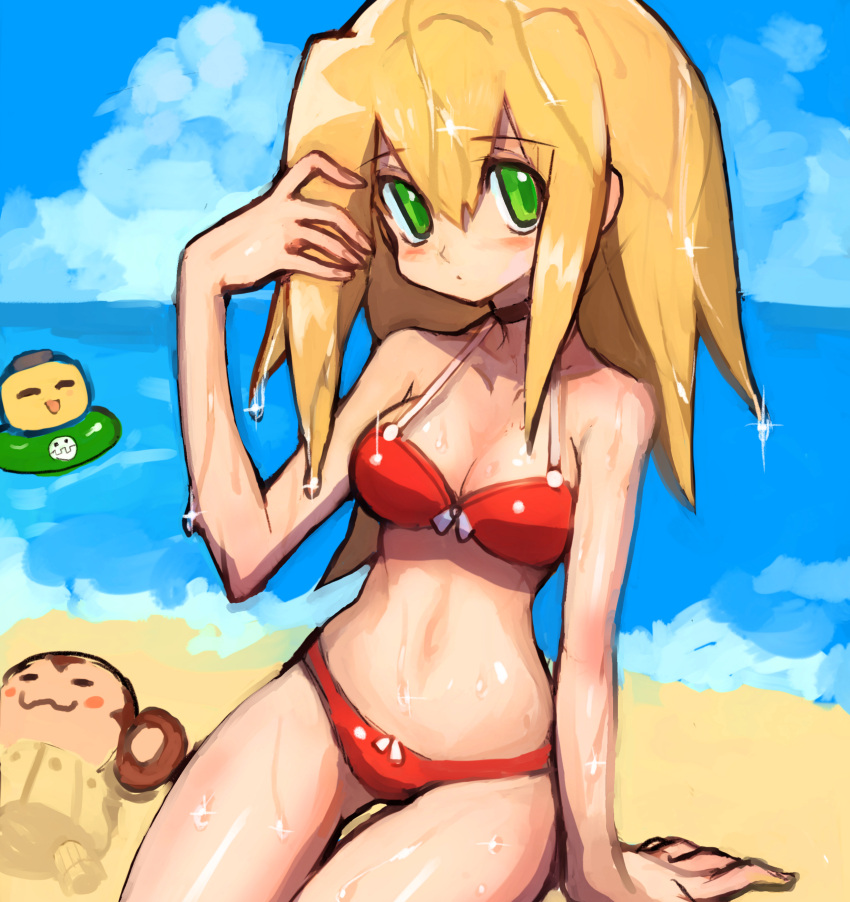 1girl 2others :3 absurdres animal arm_support beach bikini blonde_hair blush breasts capcom cleavage clouds dakusuta data_(rockman_dash) dripping eyebrows_visible_through_hair green_eyes hair_between_eyes highres innertube kobun long_hair monkey ocean red_bikini red_swimsuit robot rockman rockman_dash roll_caskett sexy sitting sky solo summer swimsuit water water_drop wet wet_hair