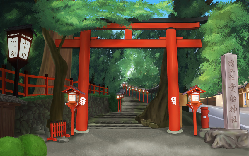 absurdres biako blue_sky building commentary day highres lantern no_humans original outdoors real_world_location revision road scenery sky stairs stone_stairs torii translation_request tree