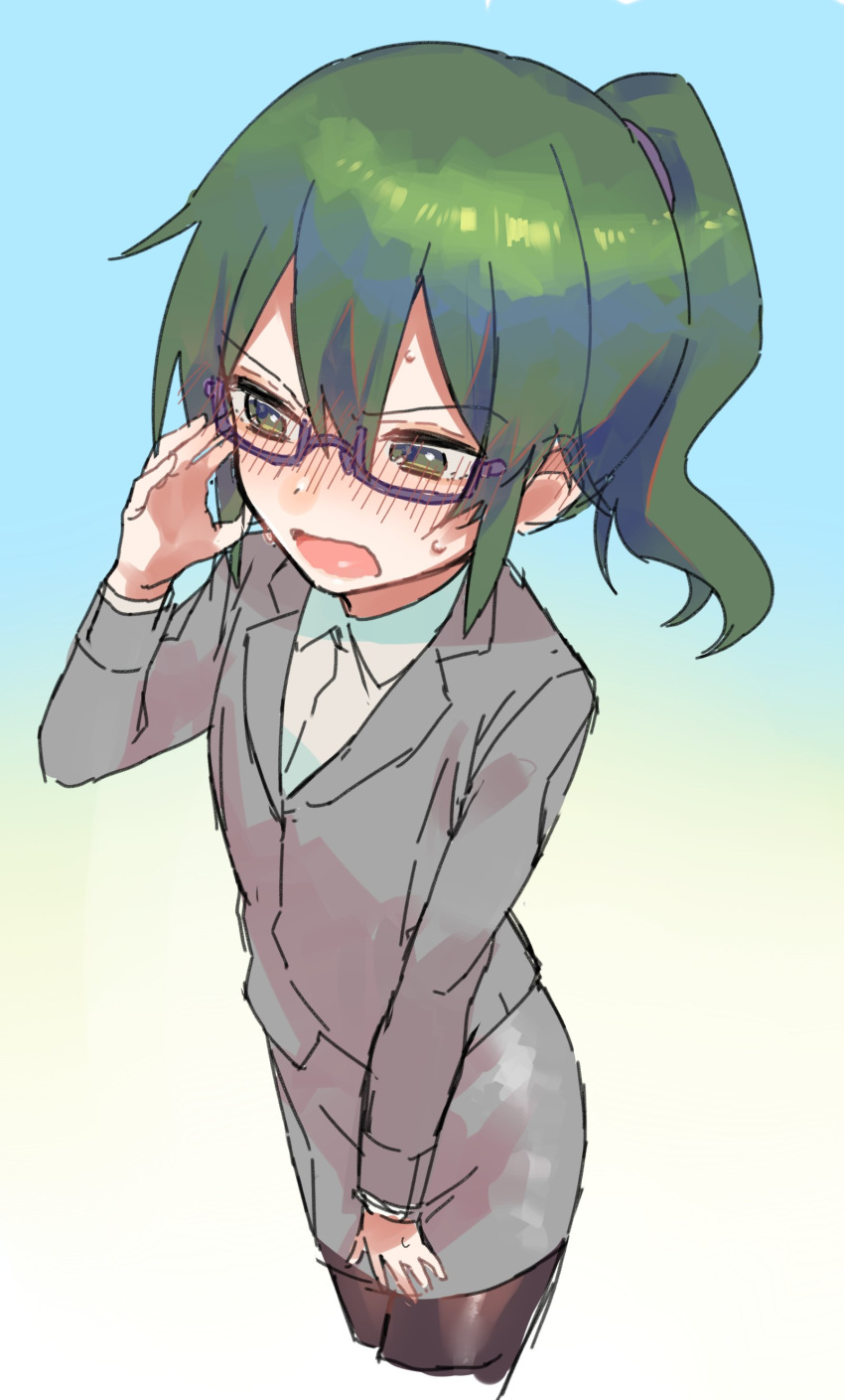 1girl absurdres blush collared_shirt commentary_request formal glasses green_eyes green_hair hand_on_eyewear highres igarashi_futaba_(shiromanta) jacket medium_hair office_lady ponytail semi-rimless_eyewear senpai_ga_uzai_kouhai_no_hanashi shirt sinomi skirt_suit suit