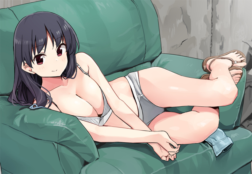 1girl bare_arms bare_legs bare_shoulders black_hair blush bra breasts brown_footwear cleavage closed_mouth collarbone couch grey_bra grey_panties large_breasts long_hair looking_at_viewer lying on_couch on_side own_hands_together panties red_eyes saki saki_achiga-hen sandals shimizudani_ryuuka shisoneri smile solo toenails underwear underwear_only