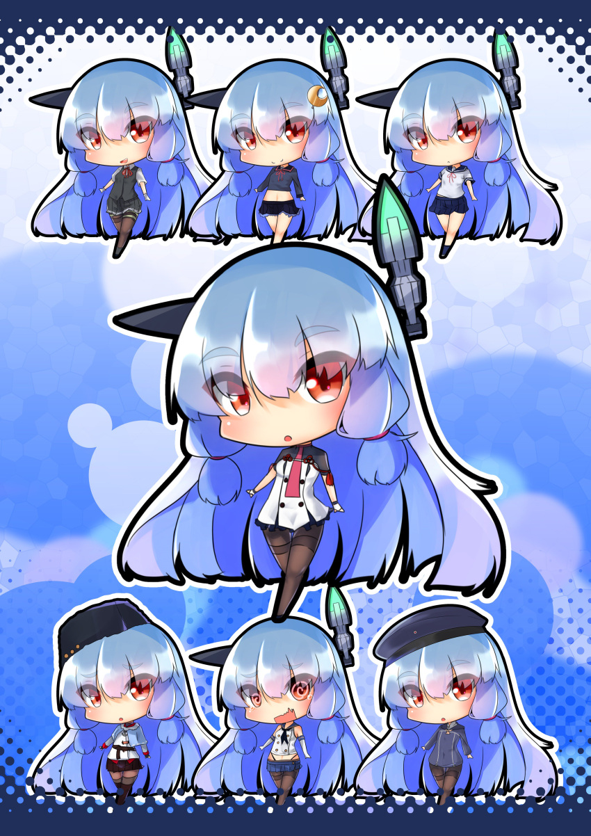 absurdres artist_request beret blue_background chibi cosplay fubuki_(kantai_collection) fubuki_(kantai_collection)_(cosplay) hat headgear highres kantai_collection long_hair murakumo_(kantai_collection) orange_eyes pantyhose papakha shimakaze_(kantai_collection) shimakaze_(kantai_collection)_(cosplay) shiranui_(kantai_collection) shiranui_(kantai_collection)_(cosplay) tashkent_(kantai_collection) tashkent_(kantai_collection)_(cosplay) white_hair yayoi_(kantai_collection) yayoi_(kantai_collection)_(cosplay)