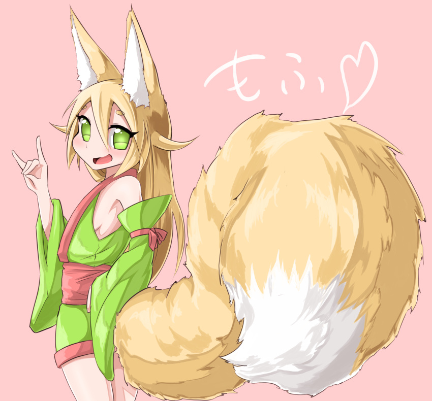 1girl :d absurdres akatsuki_urara animal_ear_fluff animal_ears bare_shoulders blonde_hair blush detached_sleeves fox_ears fox_shadow_puppet fox_tail fukutchi green_eyes hair_between_eyes highres japanese_clothes kimono large_tail long_hair looking_at_viewer looking_back open_mouth original simple_background smile solo tail thick_eyebrows
