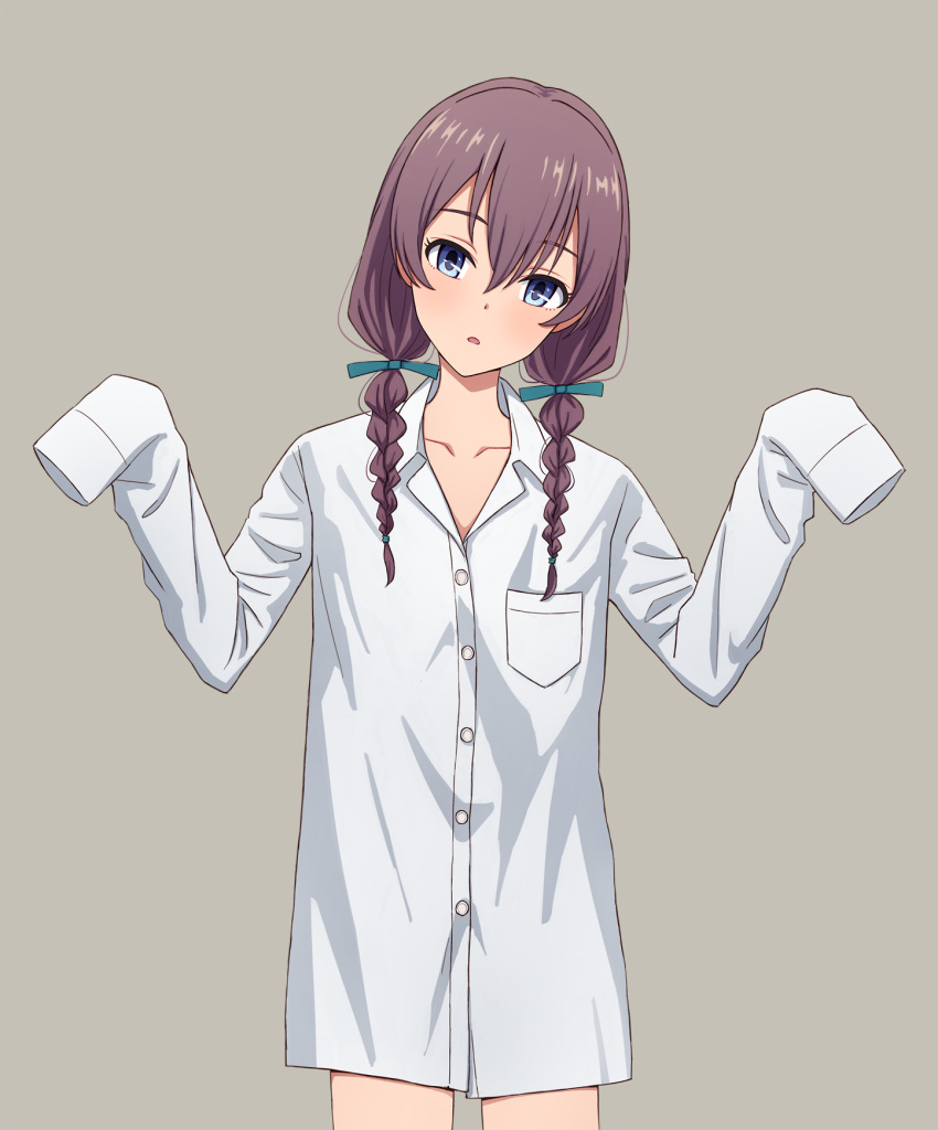 1girl :o bangs blue_eyes blue_ribbon blush braid breast_pocket collar collarbone commentary_request cowboy_shot dress_shirt eyebrows_visible_through_hair grey_background hair_between_eyes hair_ribbon hands_up head_tilt highres long_hair long_sleeves looking_back no_pants open_mouth original pocket purple_hair ribbon shirt simple_background sleeves_past_fingers sleeves_past_wrists solo twin_braids wing_collar yahiro_(epicopeiidae)