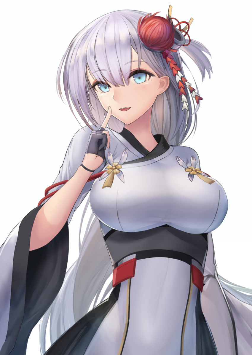 1girl azur_lane bangs black_gloves blue_eyes blush breasts eyebrows_visible_through_hair flower gloves hair_between_eyes hair_ornament half_gloves highres japanese_clothes kimono large_breasts long_hair looking_at_viewer mole mole_under_eye morichika_shuuto open_mouth partly_fingerless_gloves shoukaku_(azur_lane) sidelocks silver_hair smile solo upper_body white_background wide_sleeves