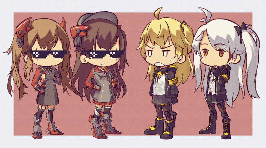 4girls admiral_hipper_(azur_lane) admiral_hipper_(azur_lane)_(cosplay) ahoge annoyed azur_lane chibi cosplay costume_switch deal_with_it girls_frontline highres military military_uniform multiple_girls prinz_eugen_(azur_lane) prinz_eugen_(azur_lane)_(cosplay) tweetdian ump45_(girls_frontline) ump45_(girls_frontline)_(cosplay) ump9_(girls_frontline) ump9_(girls_frontline)_(cosplay) uniform