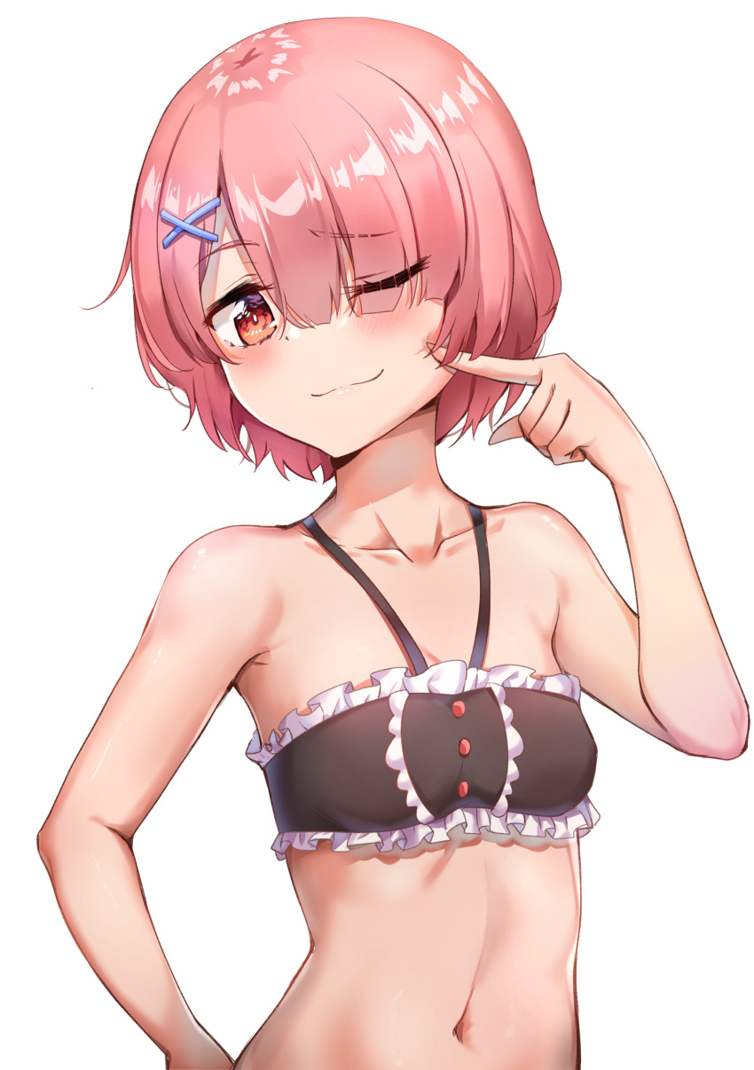 1girl :3 absurdres black_bra blush bra closed_mouth collarbone eyebrows_visible_through_hair finger_to_cheek frilled_bra frills hair_ornament hair_over_one_eye head_tilt highres looking_at_viewer navel one_eye_closed pink_eyes pink_hair ram_(re:zero) re:zero_kara_hajimeru_isekai_seikatsu short_hair solo sunhyun underwear white_background x_hair_ornament