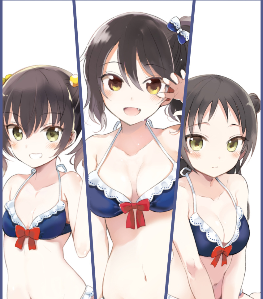 3girls :d bangs bare_shoulders bikini blue_bikini blue_bow blush bow bow_bikini breasts brown_eyes brown_hair character_name cleavage closed_mouth collarbone commentary_request eyebrows_visible_through_hair fang green_eyes grin hair_between_eyes hair_bow hair_bun hair_ornament head_tilt high_ponytail highres kishuku_gakkou_no_juliet looking_at_viewer medium_breasts multiple_girls natsupa navel open_mouth red_bow shiny shiny_skin side_bun side_ponytail small_breasts smile swimsuit twintails v_arms