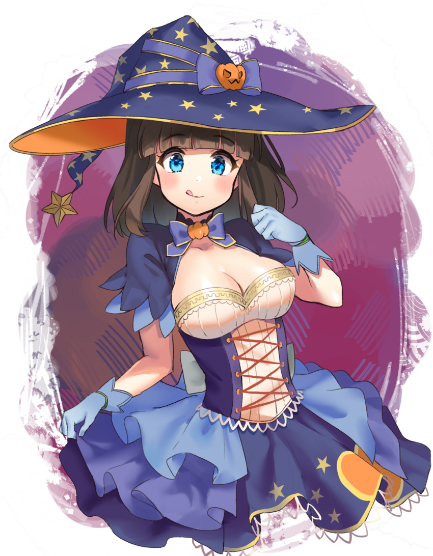 1girl :q asahina_kokomi bangs battle_girl_high_school blue_bow blue_dress blue_gloves blue_hat blush bow breasts cleavage closed_mouth collarbone commentary_request dress eyebrows_visible_through_hair gloves hair_bow hand_up hat head_tilt highres jack-o'-lantern kiyosato0928 long_hair looking_at_viewer medium_breasts print_hat puffy_short_sleeves puffy_sleeves short_sleeves skirt_hold smile solo star star_print tongue tongue_out witch_hat