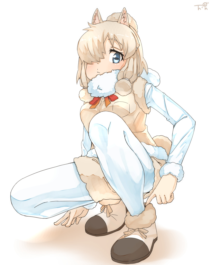 1girl :/ adjusting_clothes adjusting_footwear alpaca_ears alpaca_suri_(kemono_friends) alpaca_tail animal_ears bangs blonde_hair blue_eyes breast_pocket closed_mouth commentary_request eyebrows_visible_through_hair full_body fur-trimmed_footwear fur-trimmed_sleeves fur_scarf fur_trim hair_over_one_eye highres horizontal_pupils kemono_friends knee_up long_sleeves looking_down medium_hair pantyhose pantyhose_under_shorts pocket scarf shirt shoes shorts sidelocks simple_background solo squatting tail tenya vest white_background white_legwear