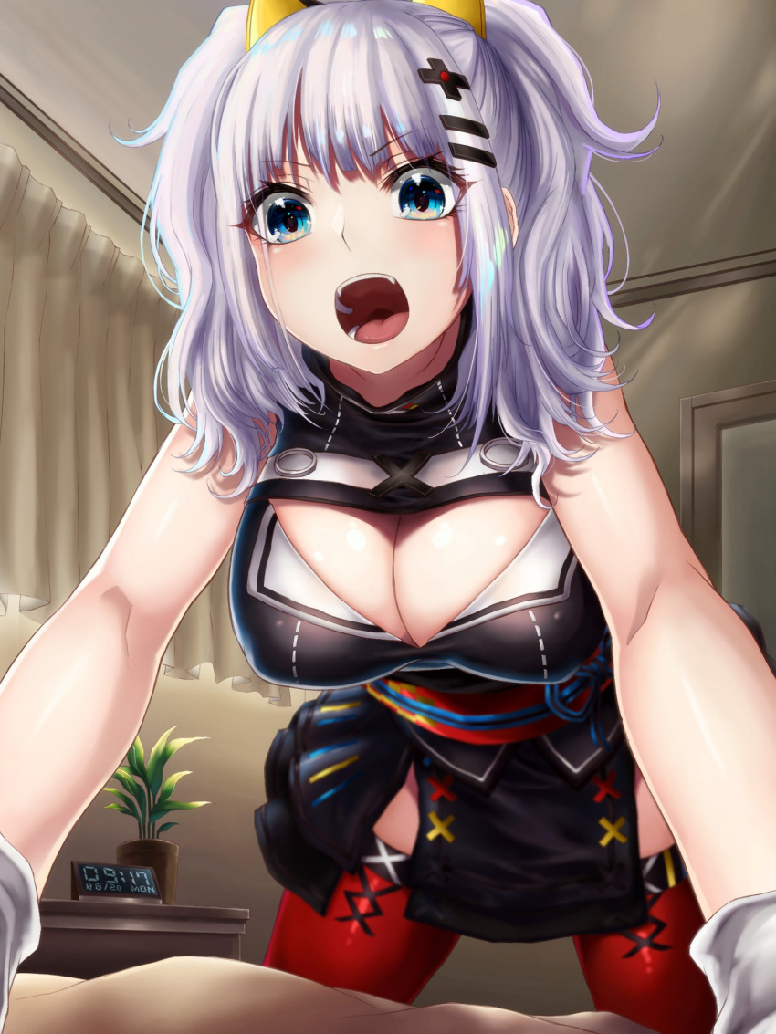 1girl alarm_clock animal_ears arm_support bangs bare_arms bed_sheet bent_over black_dress blue_eyes blunt_bangs blush breasts cat_ears cleavage cleavage_cutout clock curtains dress fake_animal_ears foreshortening grey_hair hair_ornament hairclip highres hikari_(komitiookami) indoors kaguya_luna kaguya_luna_(character) large_breasts long_hair obi open_mouth plant potted_plant red_legwear revision sash side_slit sleeveless sleeveless_dress solo teeth thigh-highs twintails v-shaped_eyebrows virtual_youtuber