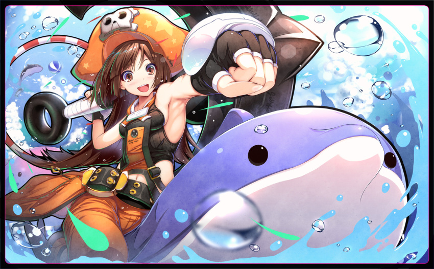 1girl anchor animal breasts brown_eyes brown_hair dolphin fingerless_gloves gloves guilty_gear guilty_gear_xrd hat long_hair looking_at_viewer may_(guilty_gear) migumigu navel one_eye_closed outdoors riding sky small_breasts water