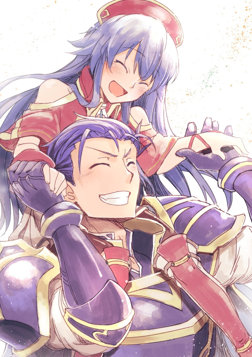 1boy 1girl armor blue_hair carrying closed_eyes father_and_daughter fire_emblem fire_emblem:_fuuin_no_tsurugi fire_emblem:_rekka_no_ken fire_emblem_heroes gauntlets grin hand_holding hat hector_(fire_emblem) highres lilina long_hair nakabayashi_zun nintendo open_mouth red_hat short_hair shoulder_armor shoulder_carry simple_background smile white_background