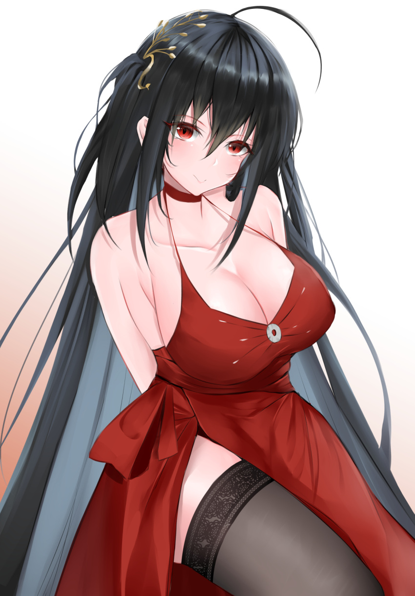 1girl ahoge arms_behind_back azur_lane bangs bare_shoulders black_hair blush breasts choker cleavage closed_mouth collarbone dress eyebrows_visible_through_hair hair_between_eyes hair_ornament halter_dress highres large_breasts ljpwow long_hair looking_at_viewer red_choker red_dress red_eyes side_slit smile solo taihou_(azur_lane) thigh-highs very_long_hair