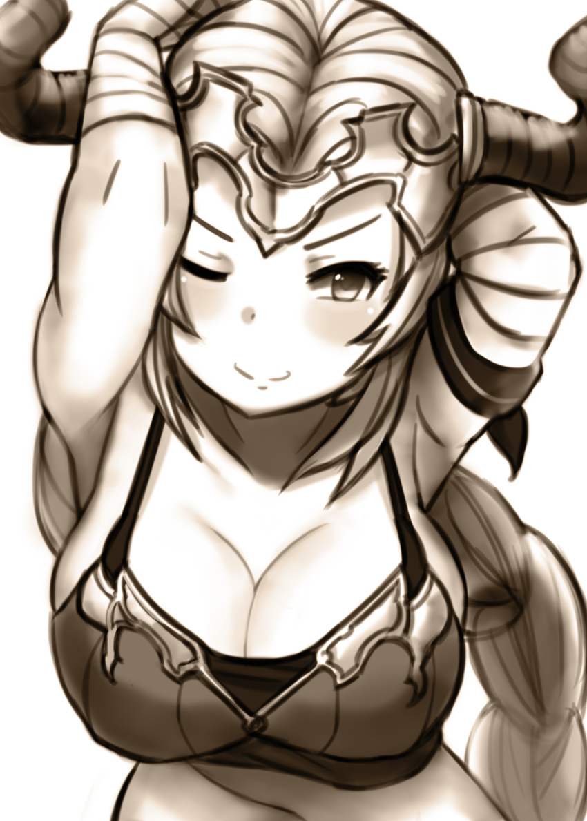 1girl aliza_(granblue_fantasy) arm_wrap arms_behind_head arms_up blush braid breasts cleavage collarbone commentary_request draph granblue_fantasy gupunetsu highres horns large_breasts leaning_forward long_hair looking_at_viewer monochrome one_eye_closed single_braid smile solo upper_body very_long_hair wrist_wrap