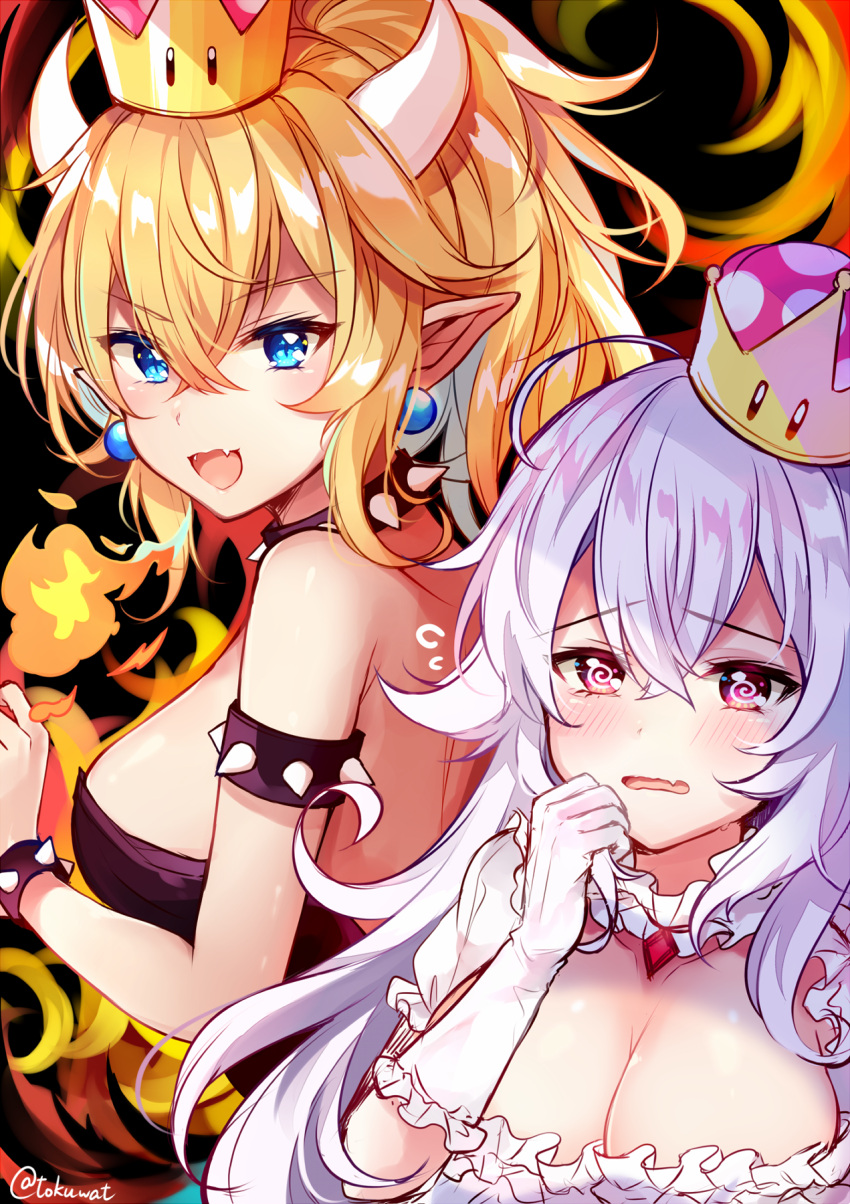 2girls @_@ bare_shoulders black_dress blonde_hair blue_eyes blush bowsette bracelet breasts cleavage collar commentary_request detached_collar dress earrings elbow_gloves fang frilled_collar frilled_dress frilled_gloves frilled_sleeves frills fukunoki_tokuwa gloves hand_on_own_chin highres horns jewelry large_breasts long_hair long_ponytail looking_at_viewer luigi's_mansion super_mario_bros. multiple_girls new_super_mario_bros._u_deluxe nintendo open_mouth pointy_ears princess_king_boo puffy_short_sleeves puffy_sleeves short_sleeves sidelocks sleeveless sleeveless_dress smile spiked_armlet spiked_bracelet spiked_collar spikes strapless strapless_dress super_crown tilted_headwear twitter_username upper_body violet_eyes wavy_mouth white_hair