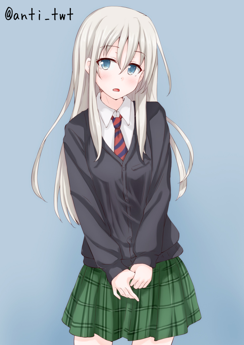 1girl alternate_costume anti_(untea9) bangs blue_eyes blush commentary_request eyebrows_visible_through_hair hair_between_eyes highres kantai_collection long_hair looking_at_viewer open_mouth pleated_skirt school_uniform simple_background skirt solo sweater u-511_(kantai_collection) white_hair