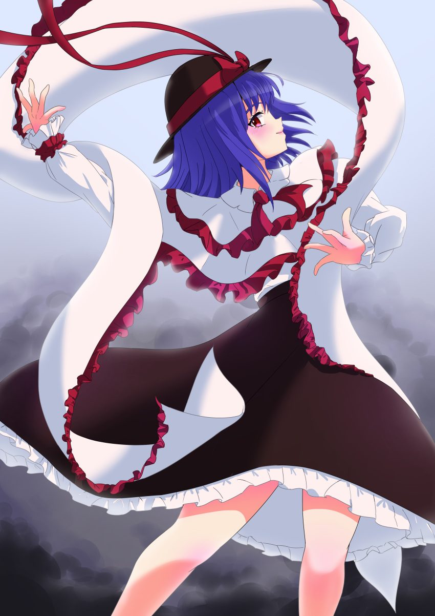 1girl absurdres ascot black_headwear bow dancing feet_out_of_frame frilled_ribbon frilled_sleeves frills hat hat_bow hat_ribbon highres kspica_i long_sleeves multicolored_background nagae_iku profile puffy_long_sleeves puffy_sleeves purple_hair red_ascot red_bow red_eyes ribbon short_hair solo touhou two-tone_ribbon white_ribbon white_sleeves
