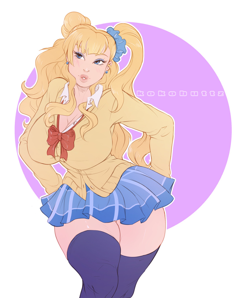 1girl asymmetrical_hair blue_eyes galko gyaru hair_bun highres kogal kokobuttz long_hair oshiete!_galko-chan pinup plaid plaid_skirt side_ponytail skirt solo