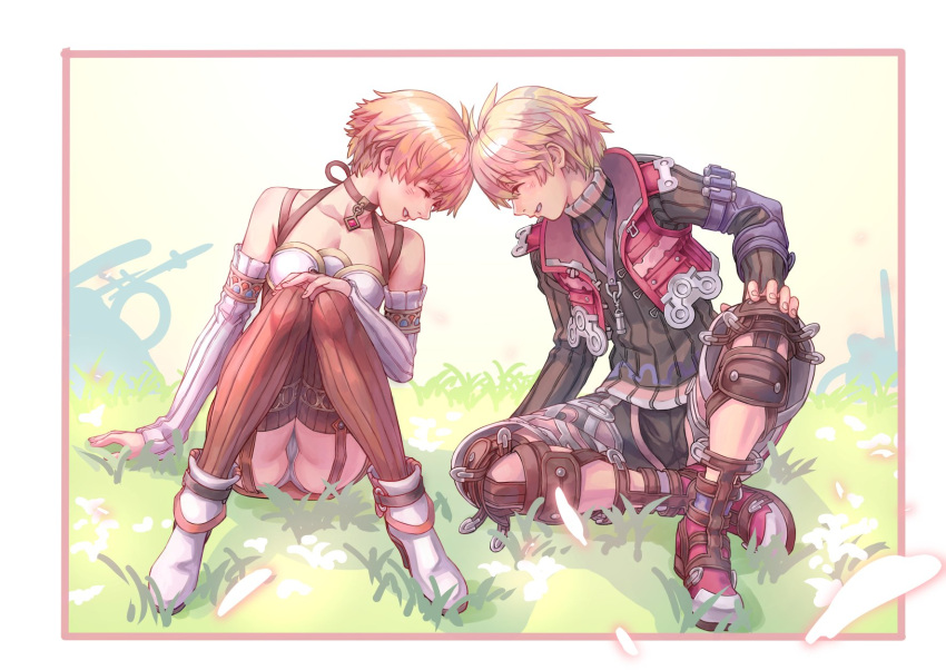 1boy 1girl blonde_hair blush breasts closed_eyes couple field fiorun goo_goo789 highres nintendo open_mouth short_hair shulk skirt smile spoilers super_smash_bros. xenoblade_(series) xenoblade_1 xenoblade_2