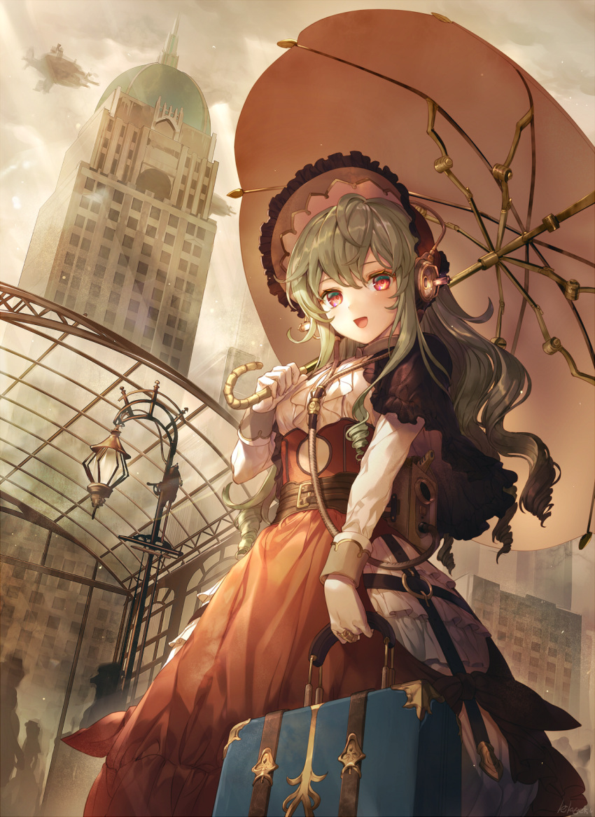 1girl :d backpack bag bangs black_capelet blush bonnet buckle building capelet city clouds cloudy_sky commentary_request corset day drill_hair feet_out_of_frame frilled_hat frills from_below gloves green_eyes green_hair hat headphones highres holding holding_umbrella jewelry kikugetsu layered_clothing long_hair long_skirt long_sleeves looking_down multicolored multicolored_eyes open_mouth original outdoors red_eyes red_hat red_ribbon red_skirt ribbon ring shirt silhouette skirt sky smile solo_focus steampunk suitcase umbrella white_gloves white_shirt