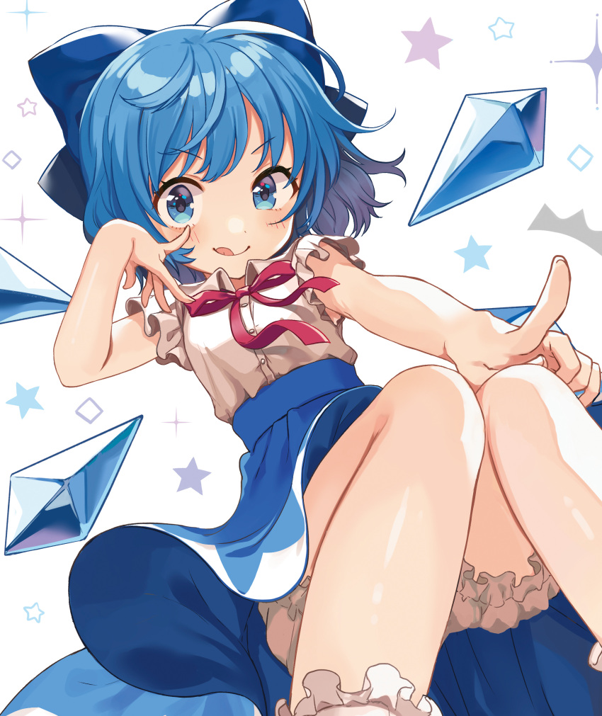 /\/\/\ 1girl :q absurdres adapted_costume akanbe bare_arms bare_legs bloomers blue_bow blue_eyes blue_hair blue_skirt blue_wings bow cirno closed_mouth commentary_request dress_shirt hair_bow high-waist_skirt highres ice ice_wings knees_together_feet_apart looking_at_viewer neck_ribbon red_ribbon ribbon shigure_ui shirt short_hair short_sleeves simple_background skirt sleeveless sleeveless_shirt smile solo sparkle star starry_background tongue tongue_out touhou underwear v-shaped_eyebrows white_background white_shirt wing_collar wings