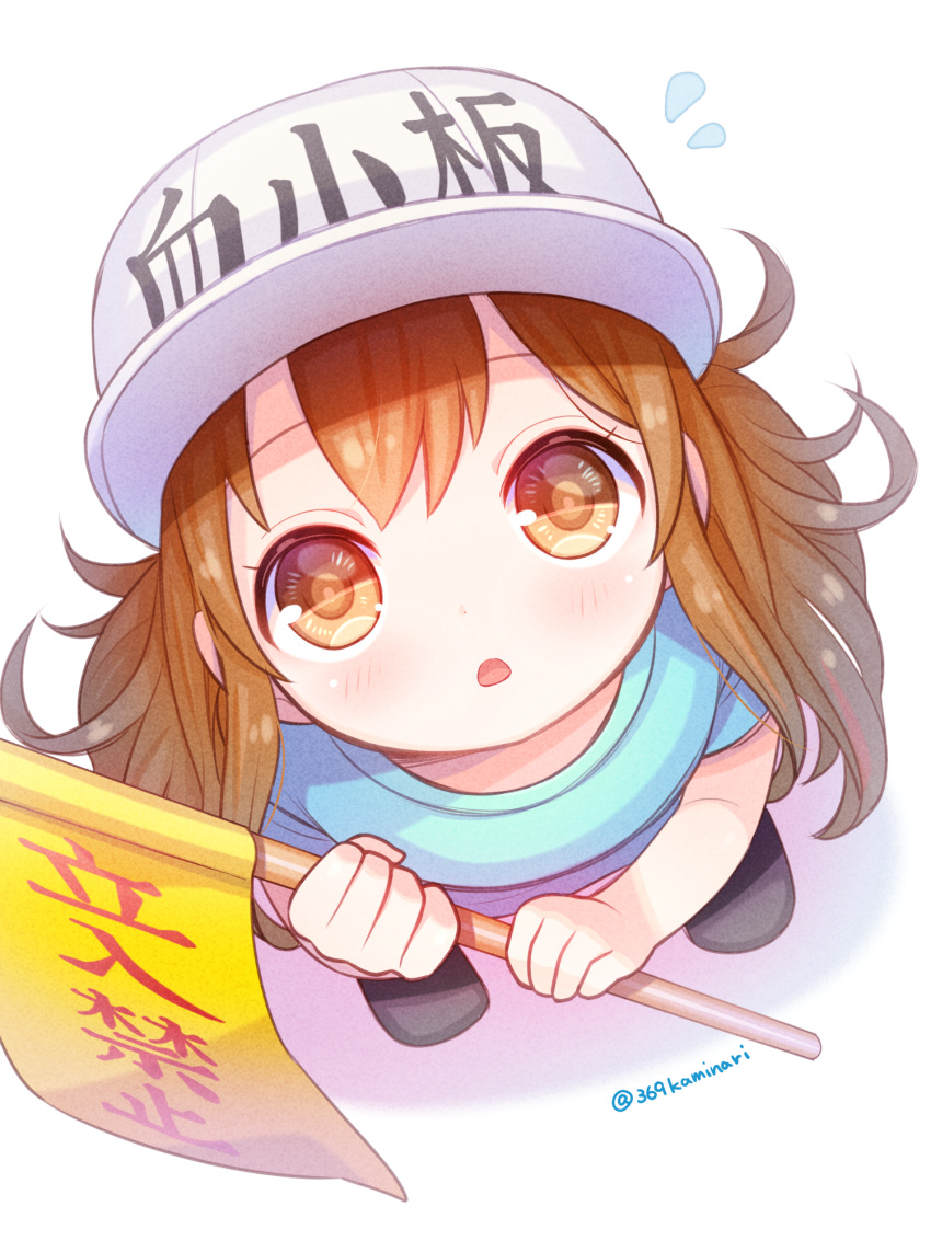 1girl :o artist_request baseball_cap blush brown_eyes brown_hair clothes_writing commentary_request from_above hat hataraku_saibou highres long_hair looking_at_viewer looking_up parted_lips platelet_(hataraku_saibou) solo twitter_username white_background