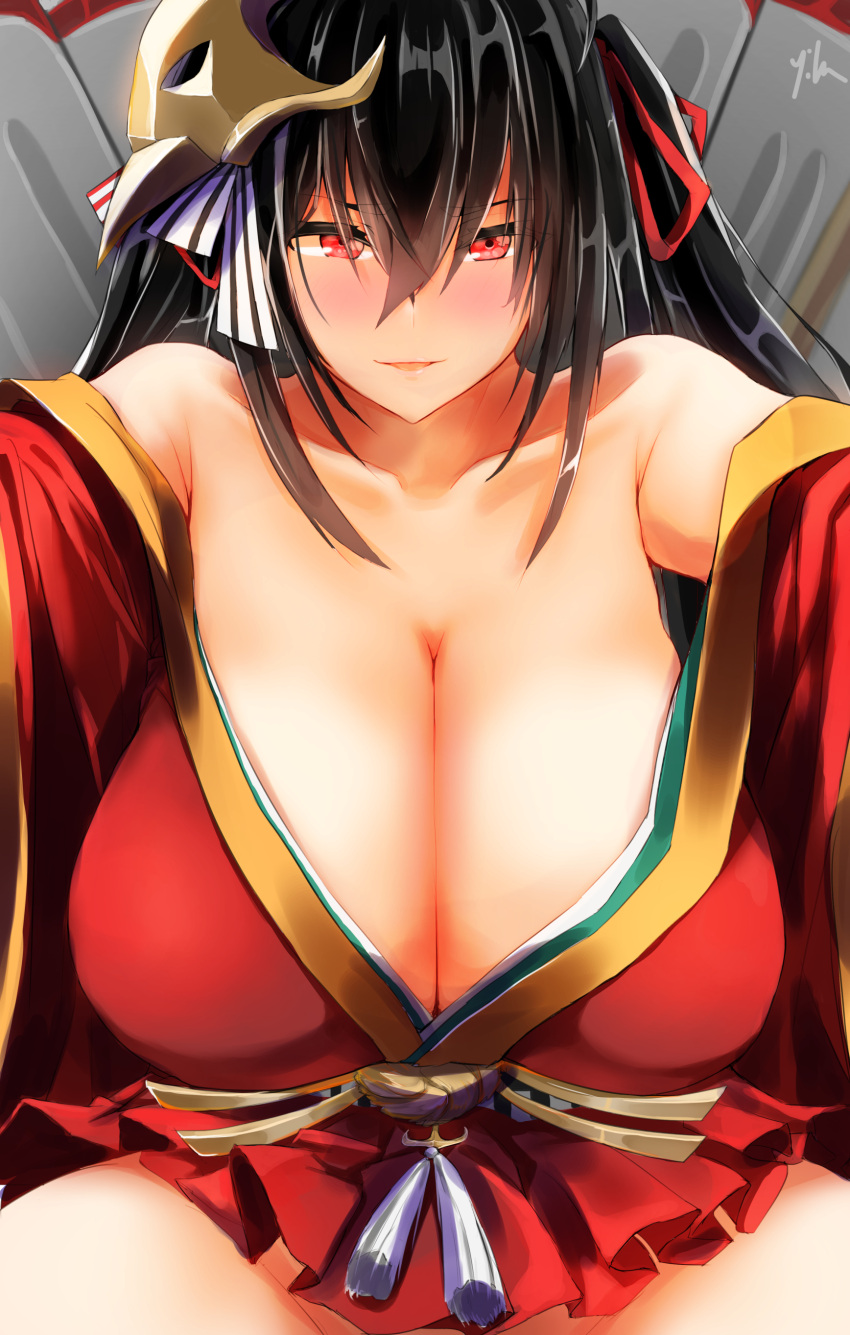 1girl absurdres azur_lane bangs bare_shoulders black_hair blush breasts cleavage collarbone dress eyebrows_visible_through_hair facing_viewer hair_between_eyes hair_ornament highres japanese_clothes kimono large_breasts long_hair looking_at_viewer outstretched_arms parted_lips red_dress red_eyes red_kimono solo taihou_(azur_lane) yilan_un