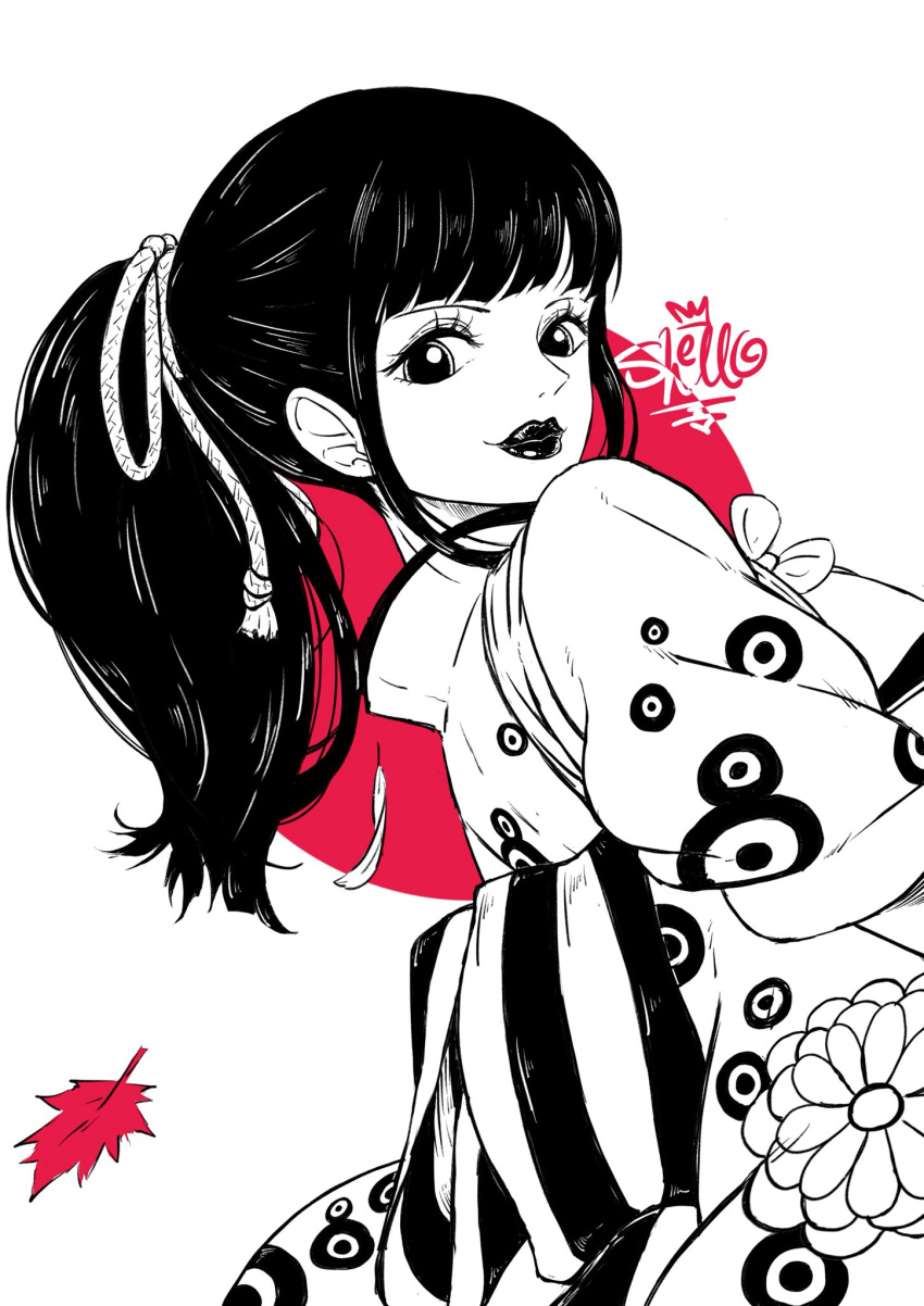 1girl bangs black_hair blunt_bangs high_ponytail highres japanese_clothes kikunojo_(one_piece) kimono leaf lips lipstick long_hair looking_at_viewer looking_back makeup obi one_piece sash sherumaru_(korcht06) sidelocks signature simple_background sleeves_rolled_up smile solo uncolored upper_body