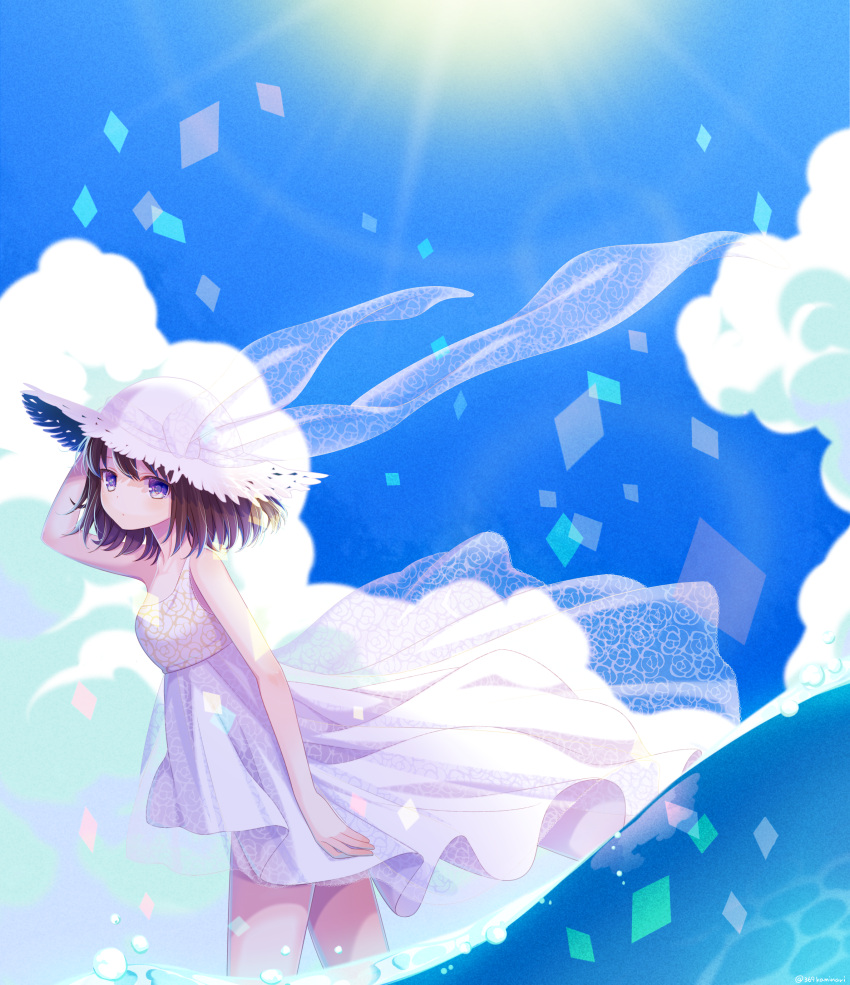 1girl absurdres blue_sky brown_hair clouds commentary cowboy_shot day dress floral_print hat highres looking_at_viewer original rai_miruku see-through short_hair sky solo sun_hat violet_eyes white_dress