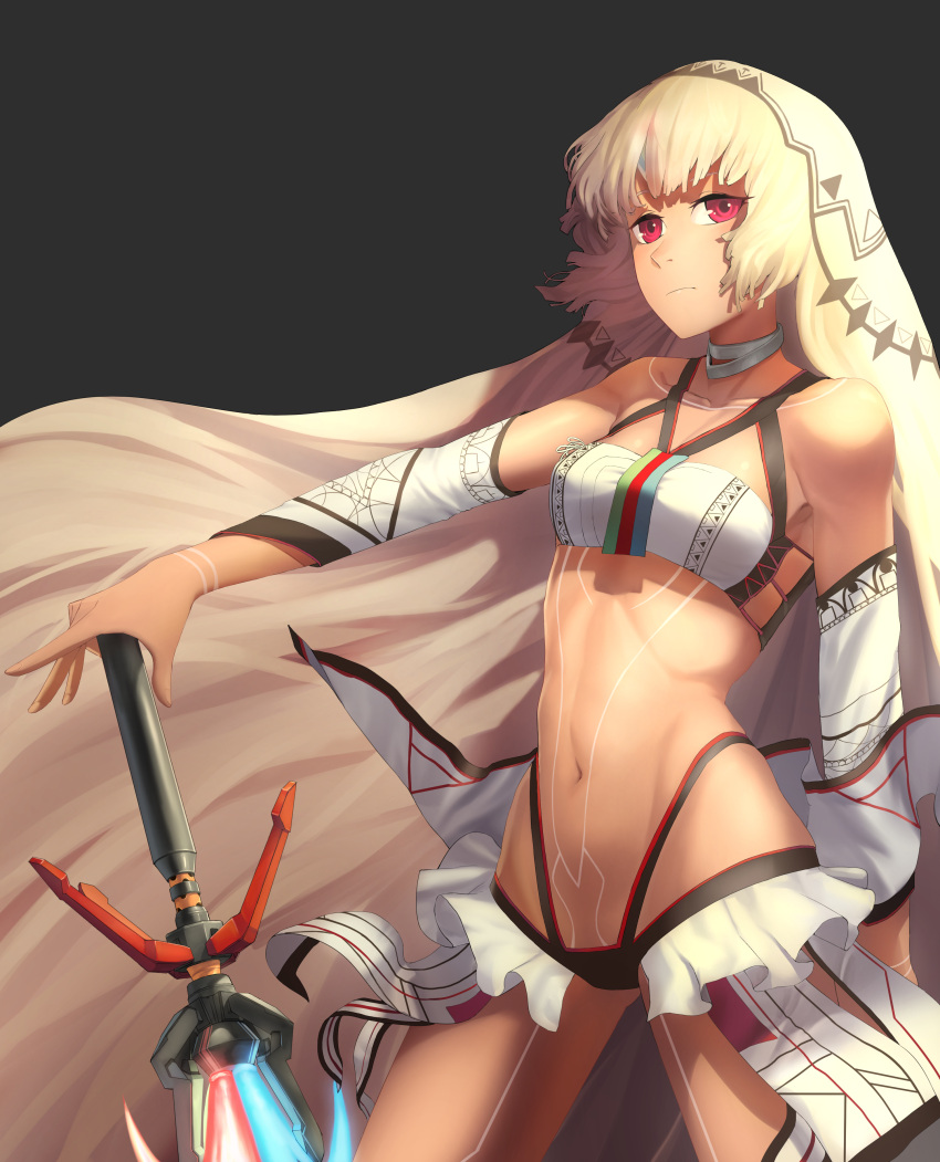 1girl absurdres altera_(fate) artist_request bangs bare_shoulders black_background black_nails blunt_bangs breasts choker closed_mouth collarbone commentary_request dark_skin detached_sleeves expressionless fate/grand_order fate_(series) fingernails full_body_tattoo headdress highres hips holding holding_sword holding_weapon jdw jewelry legs midriff nail_polish navel photon_ray red_eyes revealing_clothes showgirl_skirt simple_background skirt small_breasts solo standing stomach stomach_tattoo sword tattoo thighs veil weapon white_hair white_skirt