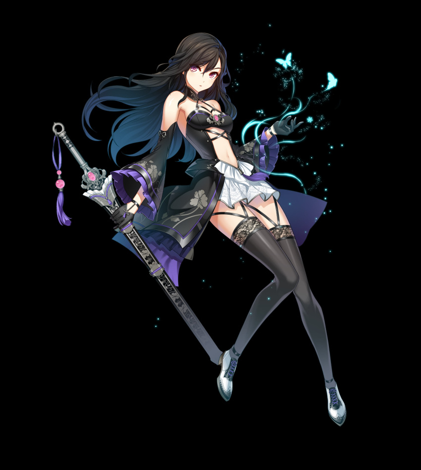 1girl absurdres black_background black_gloves black_hair black_legwear breasts bug butterfly cleavage closers detached_sleeves eyebrows_visible_through_hair floating_hair full_body gloves hair_between_eyes highres holding holding_sword holding_weapon insect long_hair looking_at_viewer midriff navel official_art pink_eyes sheath sheathed simple_background small_breasts solo stomach sword thigh-highs weapon
