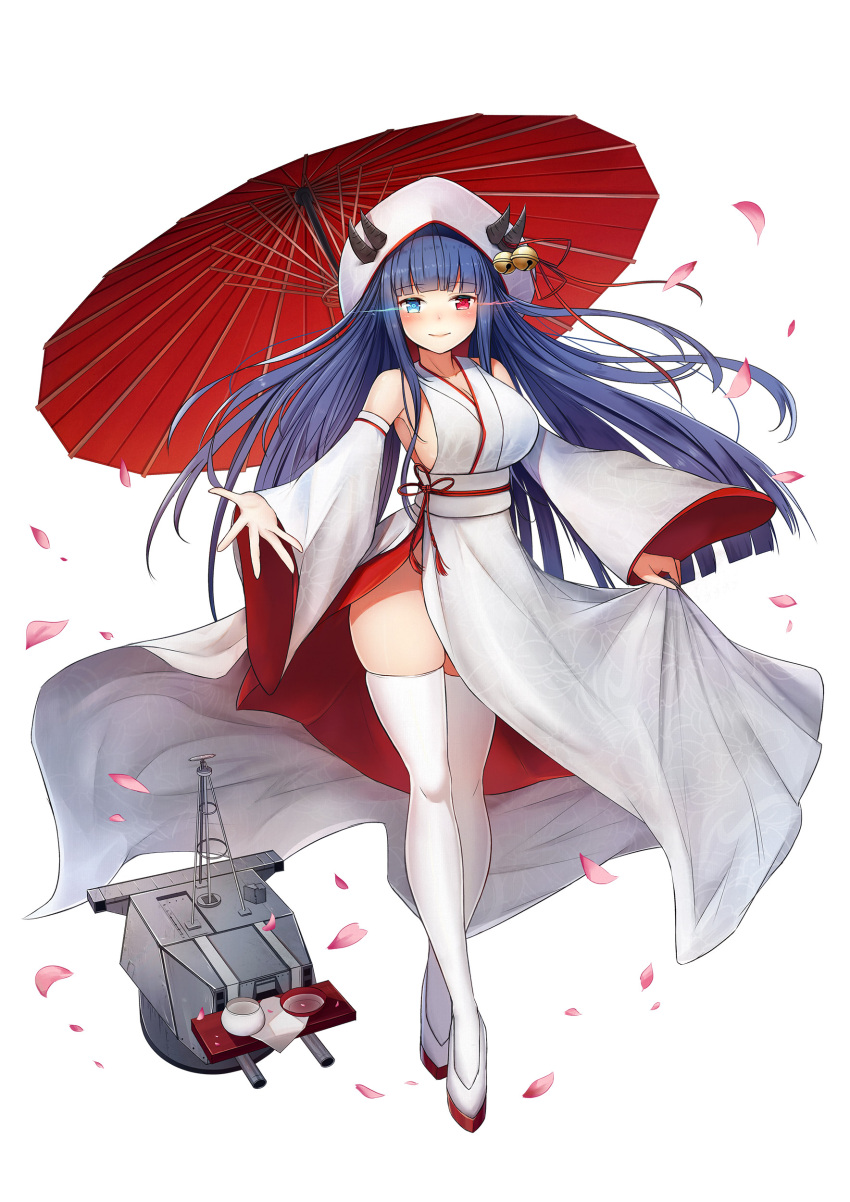 1girl absurdres alcohol azur_lane bell blue_eyes blue_hair breasts character_name commentary_request copyright_name cup detached_sleeves fou_zi glowing glowing_eyes heterochromia highres hood horn_bell horns ibuki_(azur_lane) japanese_clothes jingle_bell kimono large_breasts long_hair looking_at_viewer oriental_umbrella petals red_eyes sakazuki sake side_slit solo thigh-highs thighs turret umbrella white_legwear wide_sleeves