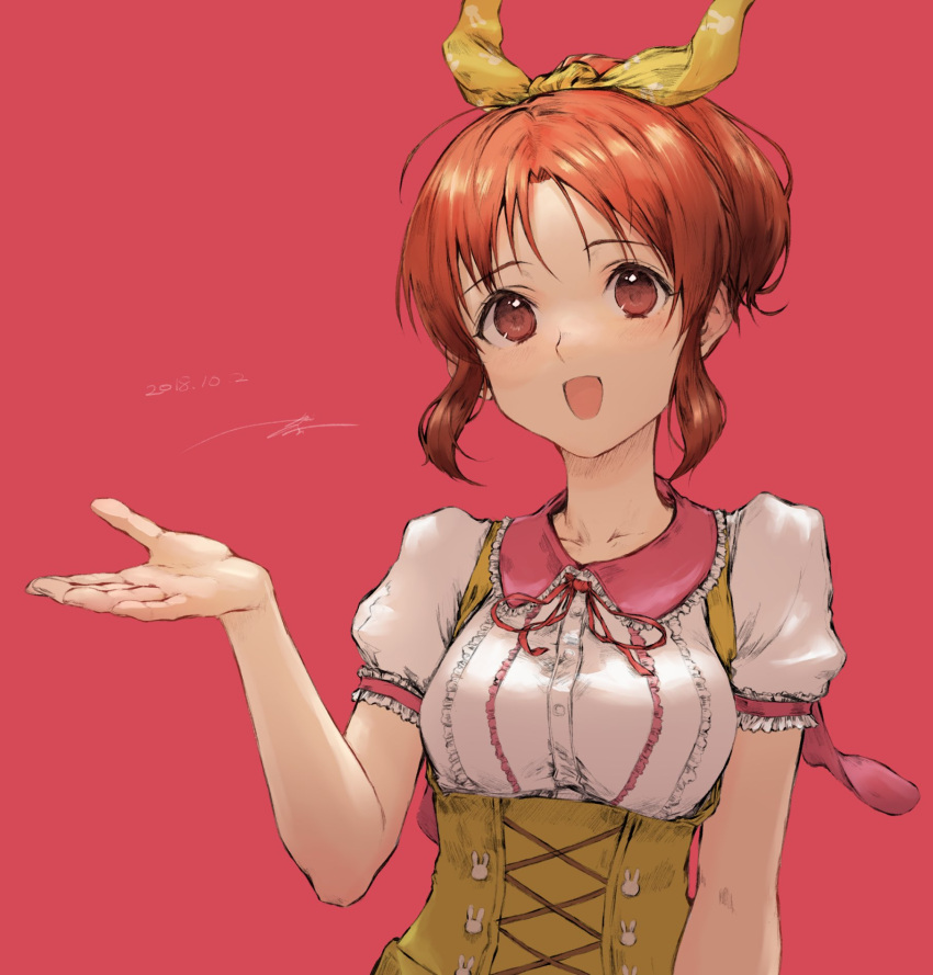 1girl :d abe_nana bow brown_eyes collar collarbone cross-laced_clothes dated eyebrows_visible_through_hair frilled_collar frilled_sleeves frills hair_bow hand_up highres idolmaster idolmaster_cinderella_girls kouzuki_kei looking_at_viewer open_mouth orange_hair pink_background ponytail puffy_short_sleeves puffy_sleeves red_ribbon ribbon short_sleeves sidelocks signature simple_background smile solo underbust upper_body yellow_bow