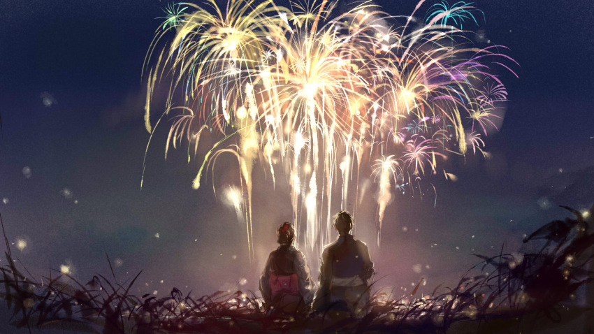 1boy 1girl aerial_fireworks commentary english_commentary fireworks from_behind grass highres japanese_clothes kimono night night_sky obi original outdoors sash scenery sishenfan sitting sky