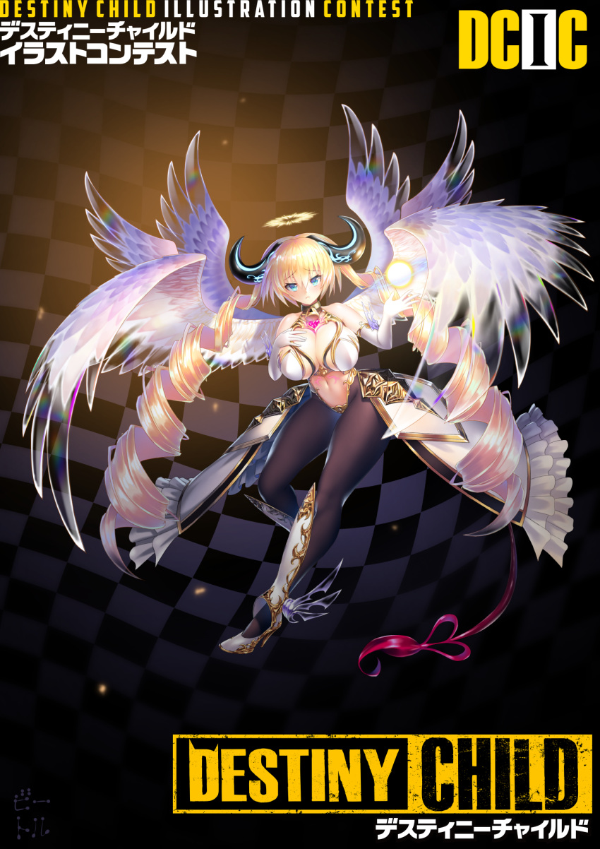 1girl angel_wings bell bell_collar bettle_(b_s_a_n) black_legwear blonde_hair blue_eyes breasts checkered checkered_background collar copyright_name destiny_child drill_hair elbow_gloves eyebrows_visible_through_hair frown full_body gloves halo hand_up heart highres horns large_breasts long_hair looking_at_viewer navel see-through solo standing tail tattoo twin_drills very_long_hair white_footwear white_gloves white_wings wings