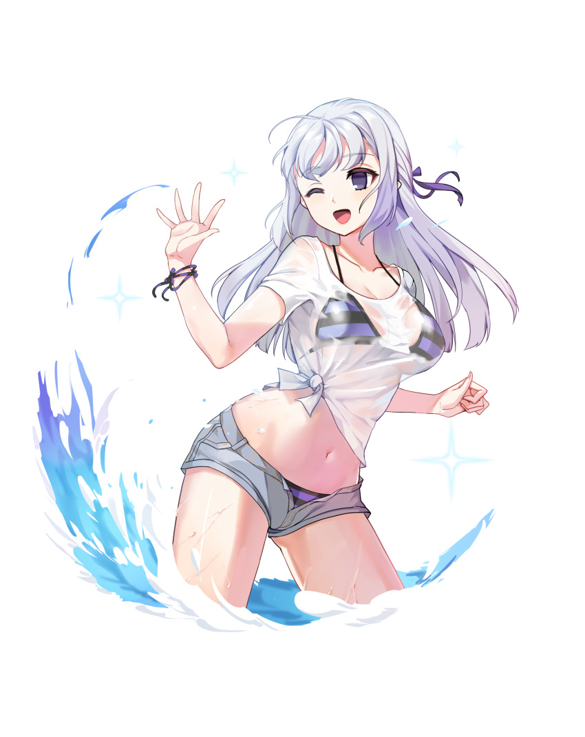 1girl ;d absurdres bikini breasts cleavage closers collarbone cropped_legs eyebrows_visible_through_hair floating_hair grey_shorts hair_ribbon highres large_breasts leaning_forward long_hair micro_shorts midriff navel official_art one_eye_closed open_clothes open_mouth open_shorts purple_ribbon ribbon shirt short_sleeves shorts silver_hair smile solo standing stomach striped striped_bikini swimsuit tied_shirt transparent_background violet_eyes wading wet wet_clothes wet_shirt white_shirt wrist_ribbon