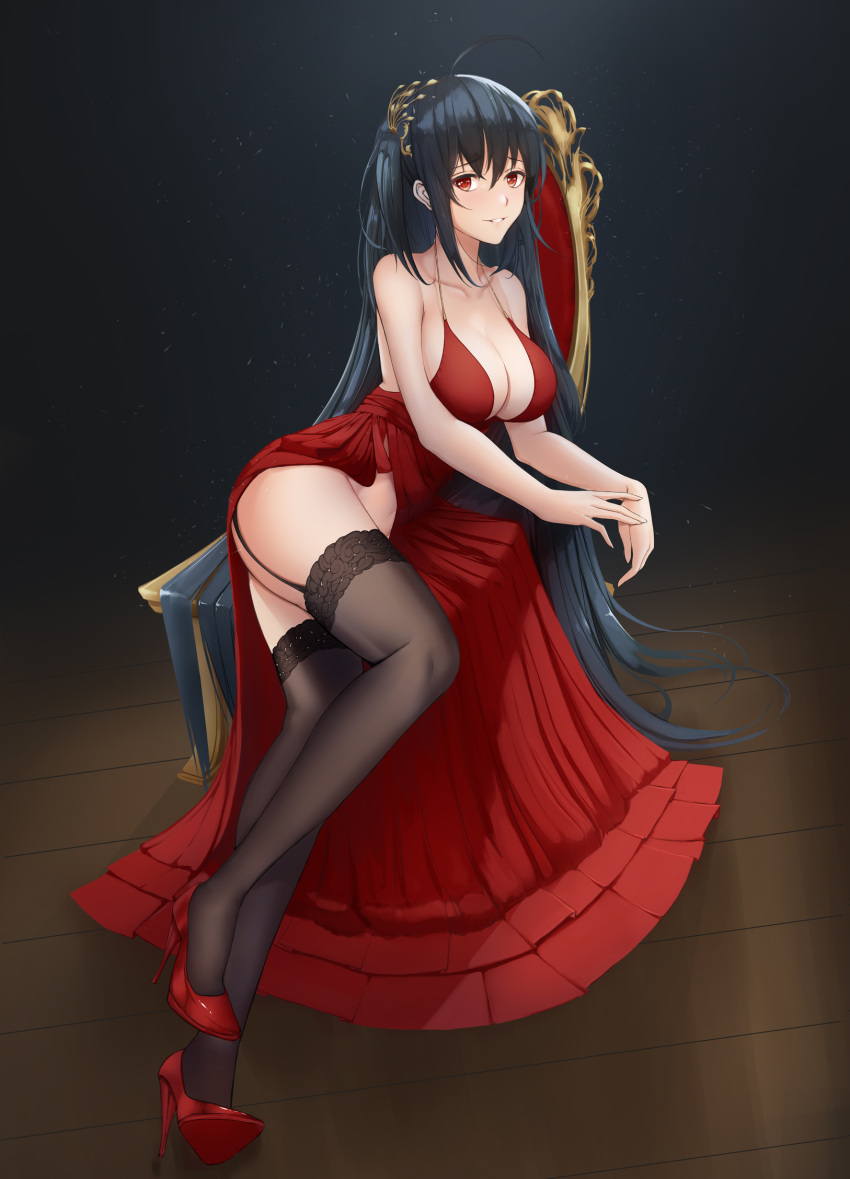 1girl ahoge azur_lane bangs bare_shoulders black_hair black_legwear blush breasts cleavage collarbone dress eyebrows_visible_through_hair full_body garter_straps hair_between_eyes hair_ornament high_heels highres large_breasts long_dress long_hair looking_at_viewer lying no_panties on_side parted_lips red_dress red_eyes red_footwear shiro_haoto shoes smile solo taihou_(azur_lane) thigh-highs throne two_side_up very_long_hair wooden_floor