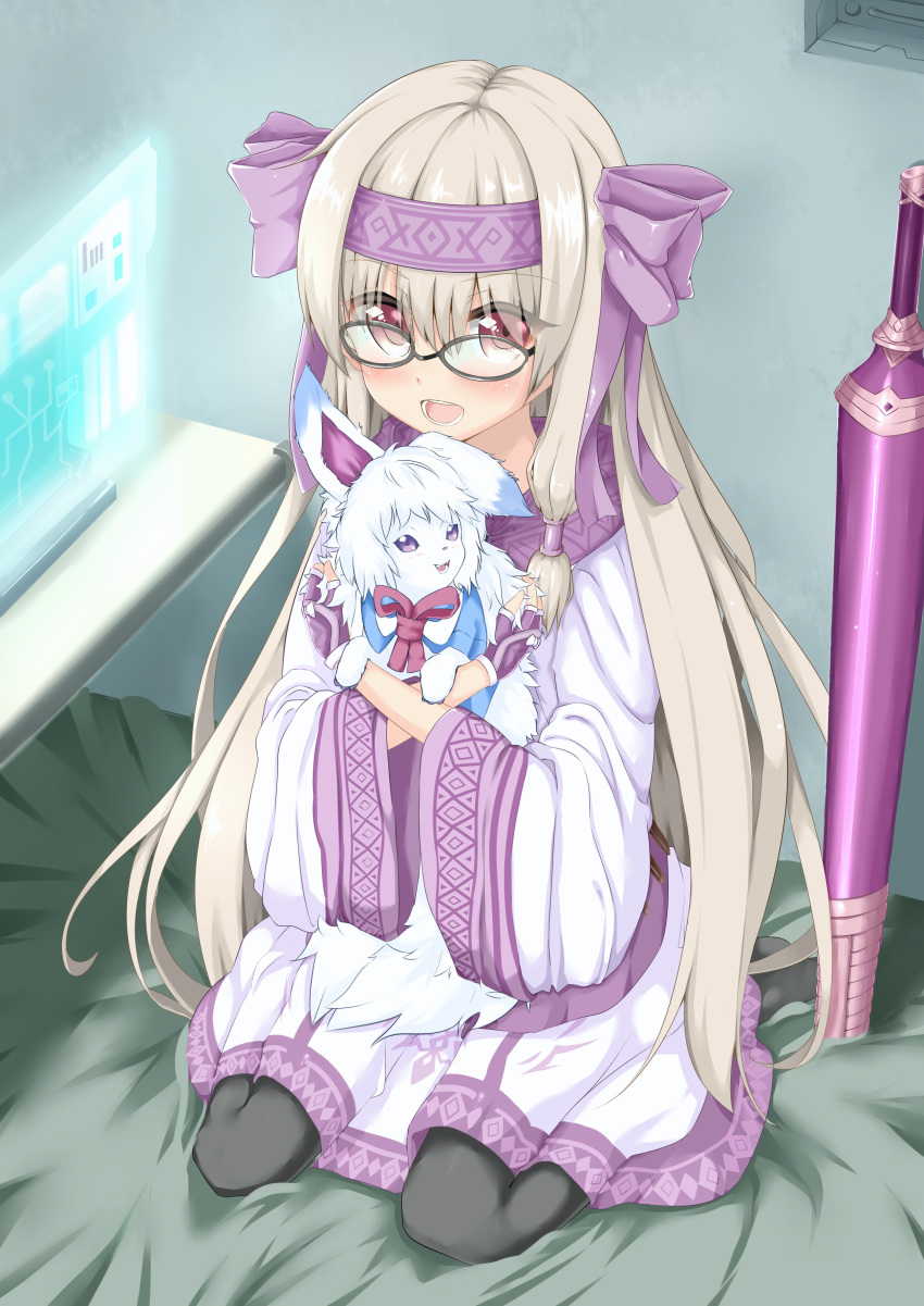 1girl absurdres ainu_clothes animal bangs bed bed_sheet blonde_hair bow creature familiar fate/grand_order fate_(series) fingerless_gloves fou_(fate/grand_order) glasses gloves hair_bow hair_ribbon hairband highres illyasviel_von_einzbern long_hair looking_at_viewer nicoseiga18367041 purple_gloves red_eyes ribbon scarf screen sheath sheathed sitonai smile sword touchscreen twintails weapon