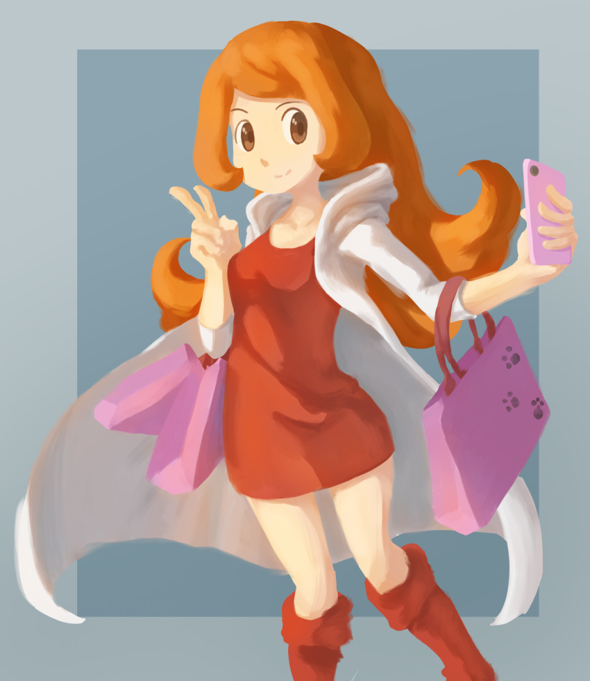 1girl bag long_hair mona_(warioware) nintendo ocha_kan paw_print red_dress red_eyes red_hair selfie solo telephone v warioware