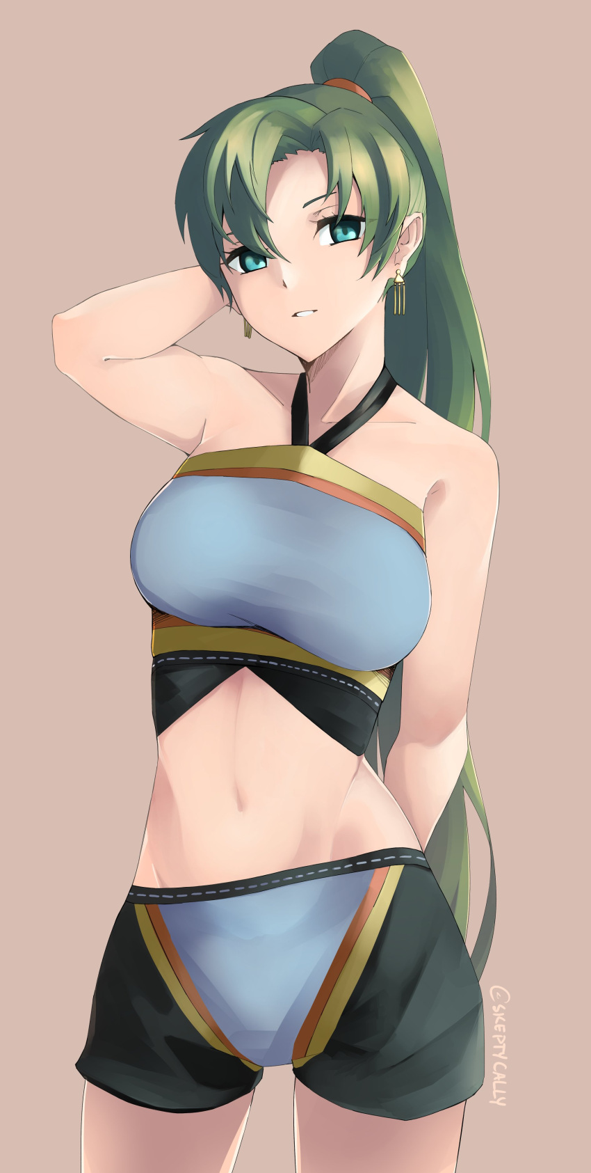 1girl absurdres arm_behind_head breasts earrings fire_emblem fire_emblem:_rekka_no_ken fire_emblem_musou green_eyes green_hair highres jewelry long_hair lyndis_(fire_emblem) medium_breasts midriff navel nintendo parted_lips ponytail simple_background sketchy solo twitter_username underwear