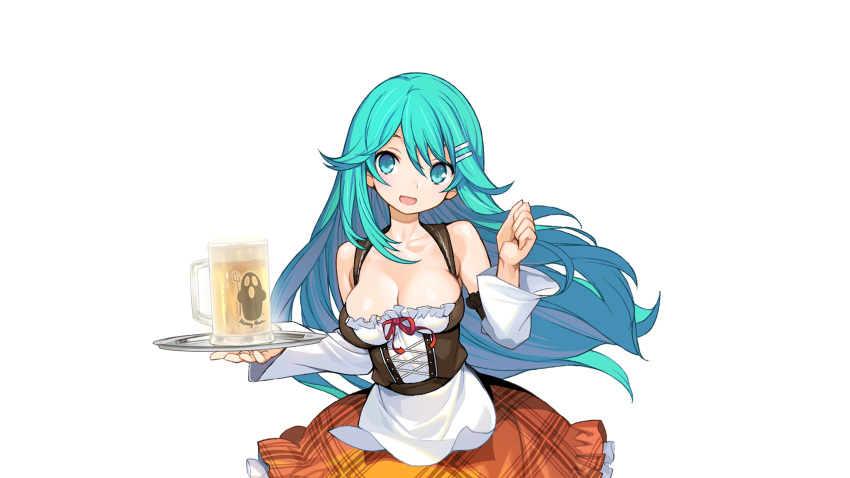 1girl :d aqua_eyes aqua_hair bare_shoulders beer_mug breasts cleavage corset detached_sleeves hair_ornament hairclip highres large_breasts long_hair looking_at_viewer official_art open_mouth plaid pulptenx_flanders rance_(series) rance_01 shunin skirt smile solo transparent_background tray