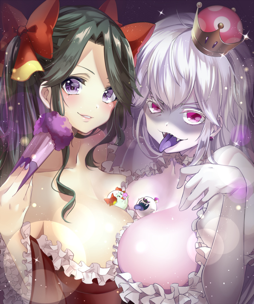 2girls :d between_breasts black_hair bow breasts cleavage collarbone colored_eyelashes dual_persona earrings elbow_gloves fan fingernails folding_fan genderswap genderswap_(mtf) gloves hair_bow hair_intakes hair_ribbon highres holding holding_fan jewelry large_breasts light_particles long_hair looking_at_viewer luigi's_mansion super_mario_bros. multiple_girls nail_polish new_super_mario_bros._u_deluxe nintendo open_mouth paper_mario parted_lips personification pink_eyes princess_king_boo puffy_short_sleeves puffy_sleeves purple_nails purple_tongue red_bow resaresa ribbon sharp_teeth short_sleeves silver_hair smile sparkle super_crown super_mario_bros. teeth tongue tongue_out violet_eyes white_gloves white_skin yache