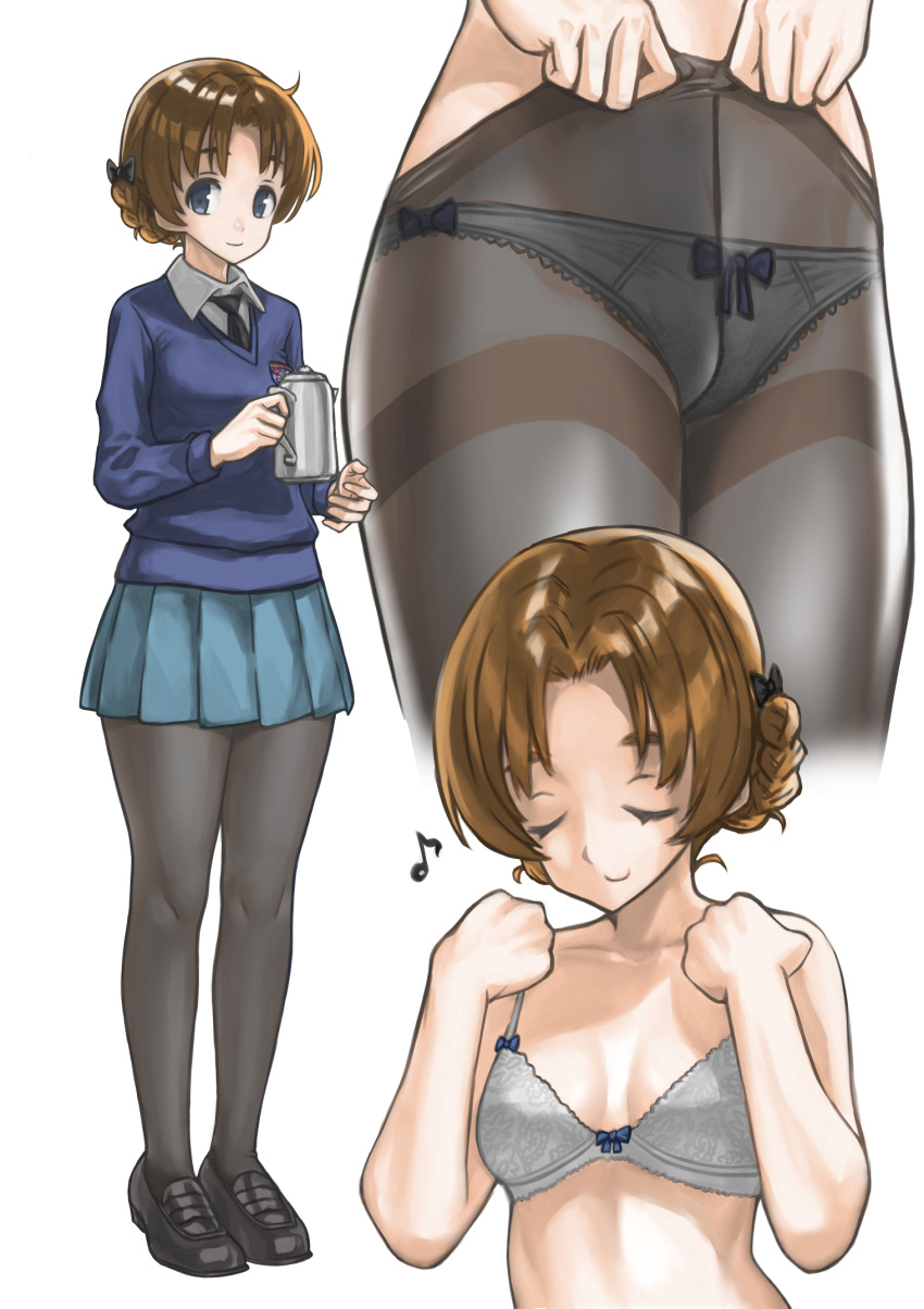 1girl adjusting_bra adjusting_clothes bangs black_bow black_footwear black_legwear black_neckwear blue_bra blue_eyes blue_panties blue_skirt blue_sweater bow bow_bra bow_panties bra braid closed_eyes closed_mouth commentary cropped_legs crotch_seam dress_shirt eighth_note emblem girls_und_panzer hair_bow highres holding_teapot lace lace-trimmed_bra lace-trimmed_panties legs lifted_by_self loafers long_sleeves looking_at_viewer miniskirt multiple_views musical_note necktie orange_hair orange_pekoe panties pantyhose pantyhose_lift parted_bangs pleated_skirt school_uniform shirt shoes short_hair skirt smile st._gloriana's_(emblem) st._gloriana's_school_uniform standing sweater thighband_pantyhose tied_hair twin_braids underwear v-neck white_shirt wing_collar yamano_rita