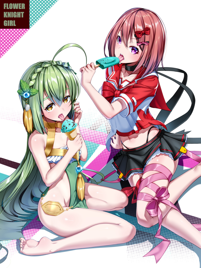 2girls ahoge bare_legs barefoot black_neckwear black_panties bow braid chocolate_cosmos_(flower_knight_girl) choker collarbone copyright_name crown_braid eating fingernails flower_knight_girl food green_hair green_nails hair_bow highres ice_cream ice_cream_cone kneeling leaf_lsd leg_ribbon long_hair looking_at_viewer mint_(flower_knight_girl) multiple_girls nail_polish navel open_mouth panties pink_bow pink_ribbon popsicle red_bow red_sailor_collar redhead revealing_clothes ribbon sailor_collar shiny shiny_skin short_hair tassel thick_eyebrows thong tongue tongue_out underwear violet_eyes yellow_eyes