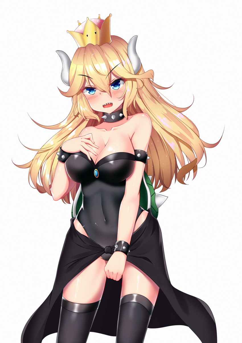 1girl absurdres bare_shoulders black_legwear blonde_hair blue_eyes blush bowsette bracelet breasts cleavage collar collarbone covered_navel crown eyebrows_visible_through_hair hair_down highres horns jewelry long_hair super_mario_bros. medium_breasts new_super_mario_bros._u_deluxe nintendo no_tail open_mouth sharp_teeth simple_background solo spiked_armlet spiked_bracelet spiked_collar spikes standing super_crown tail teeth thigh-highs white_background zhai_mu_q