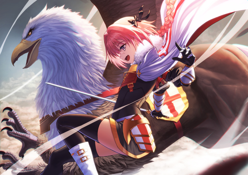 1boy absurdres astolfo_(fate) black_bow black_legwear boots bow braid cape clouds cloudy_sky fang fate/apocrypha fate_(series) from_side fur_trim gauntlets hair_bow hair_intakes highres hippogriff holding holding_sword holding_weapon long_hair midair open_mouth otoko_no_ko pink_hair single_braid sion_(9117) sky solo sword thigh-highs weapon white_cape
