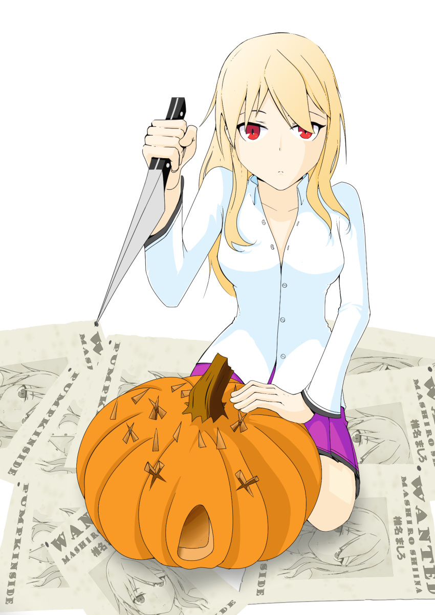 1girl blonde_hair cute expressionless halloween knife pumpkin red_eyes sakura-sou_no_pet_na_kanojo school_uniform shiina_mashiro solo tefrin weapon x_x