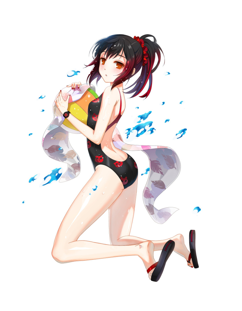 1girl absurdres ass ball beachball black_hair black_swimsuit closers competition_swimsuit from_side full_body gradient_hair hair_ornament hair_scrunchie highres holding holding_ball kneeling multicolored_hair nail_polish official_art one-piece_swimsuit orange_eyes parted_lips print_swimsuit red_nails red_scrunchie redhead scrunchie simple_background soles solo swimsuit two-tone_hair watch watch white_background